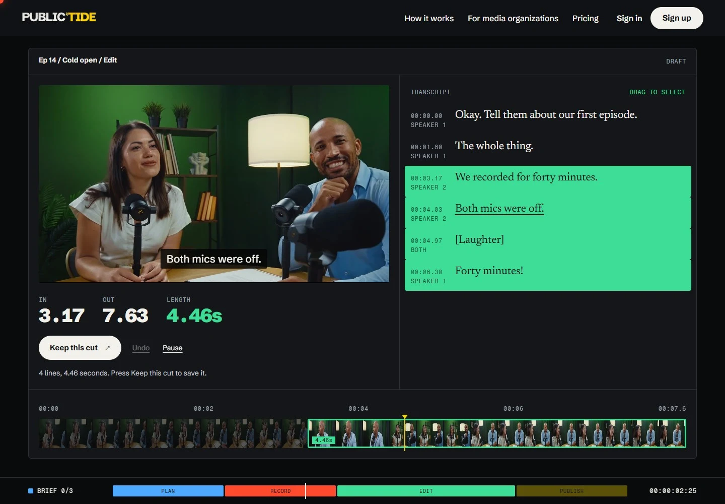 PublicTide’s edit view: a cold open cut from its transcript, with the in and out points