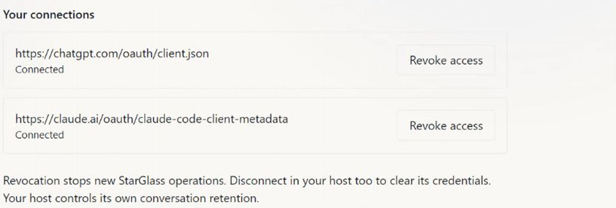 The Research connections page listing two connected clients, each with a Revoke access button.