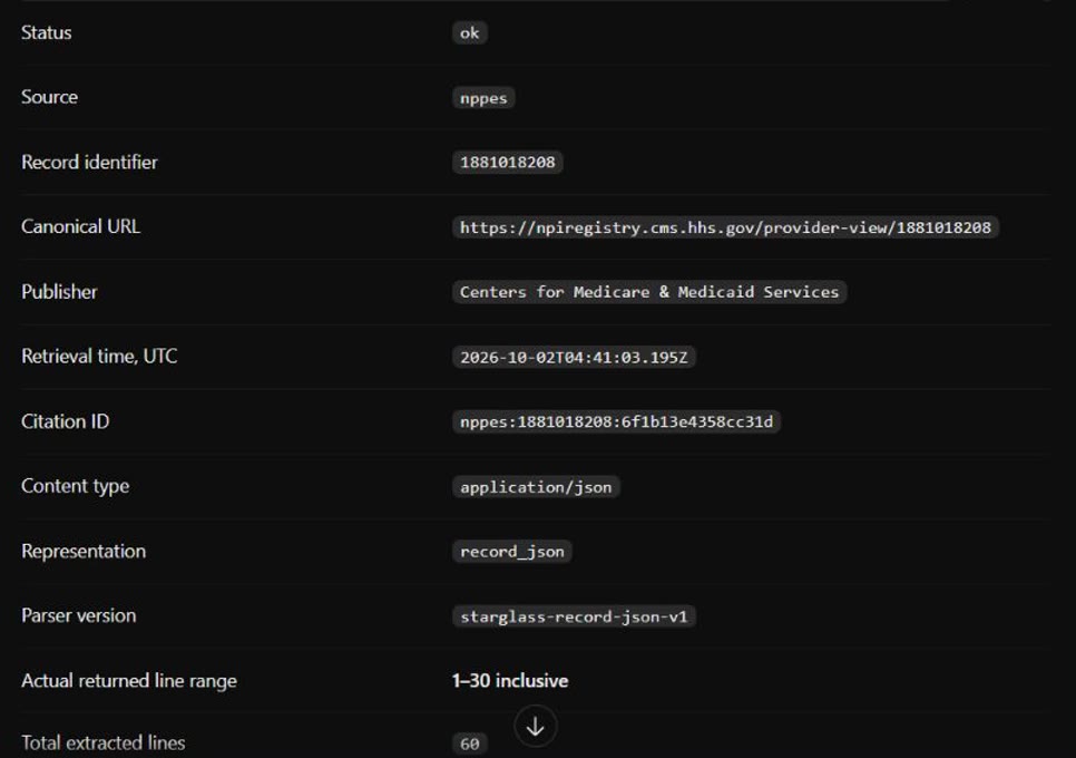 A Starglass citation receipt: status ok, source nppes, record 1881018208, canonical URL on npiregistry.cms.hhs.gov, publisher Centers for Medicare and Medicaid Services, retrieval time, citation ID and returned lines 1 to 30 of 60.