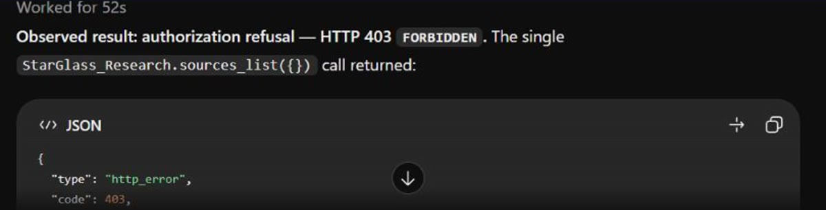 After revocation, the next source-list call returned an HTTP 403 forbidden error.